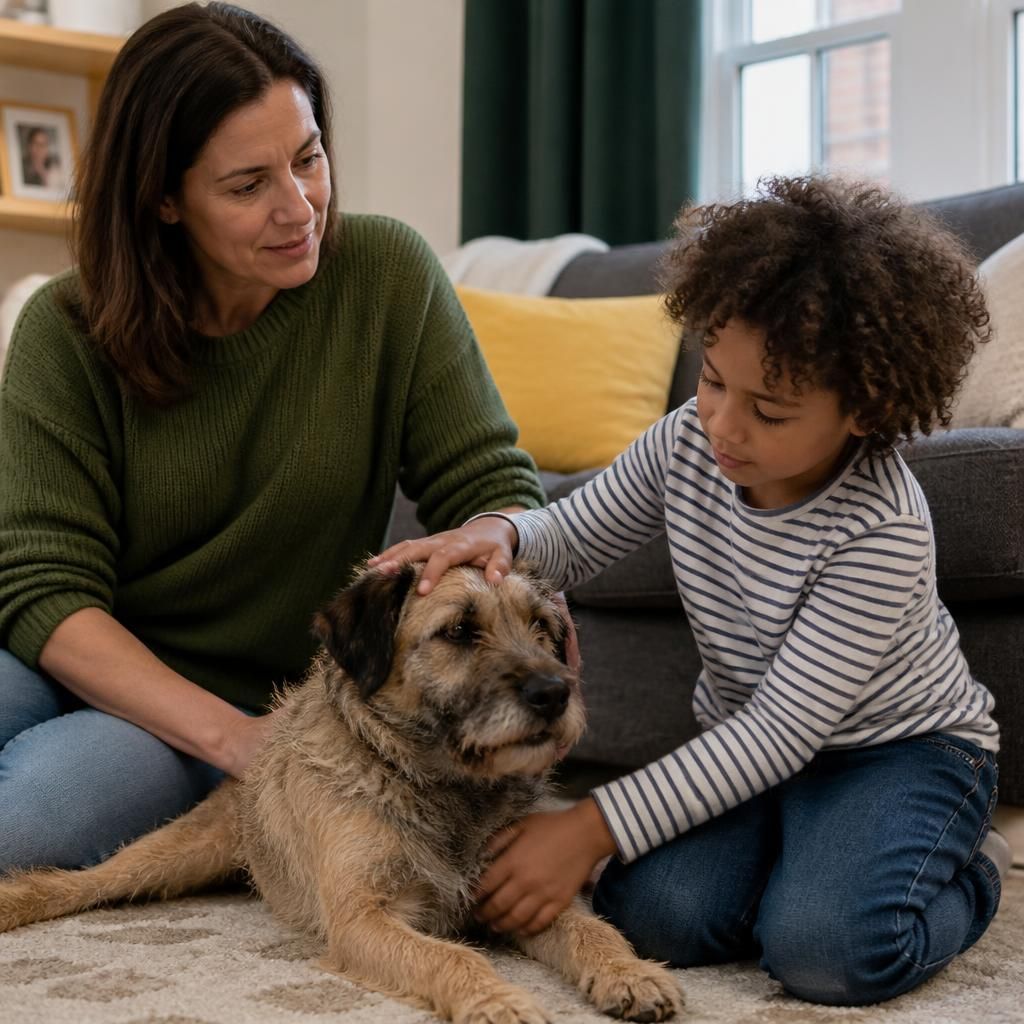 Foster carer supervising a child as they gently stroke a calm dog