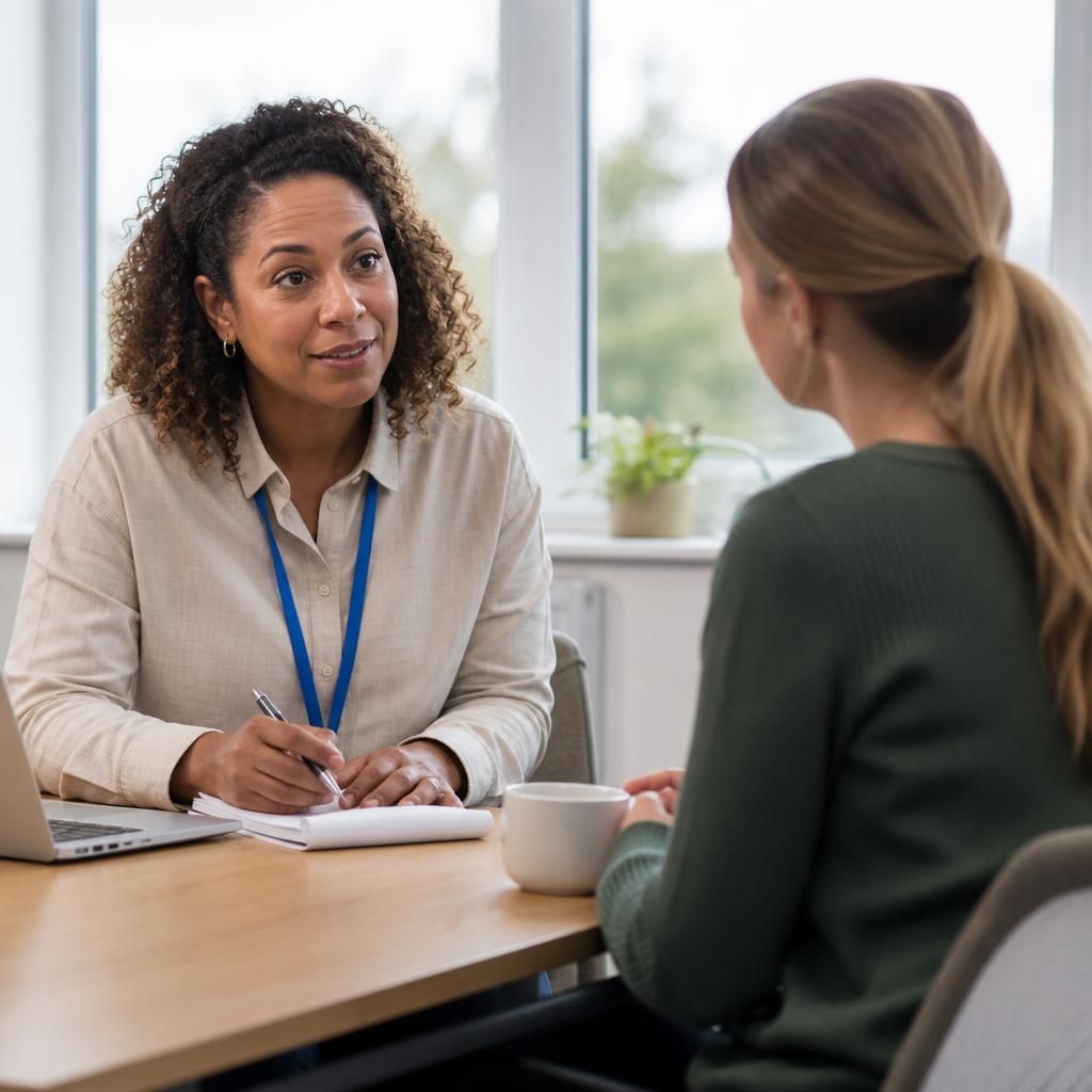 Foster carer discussing career plans with a social worker at a table