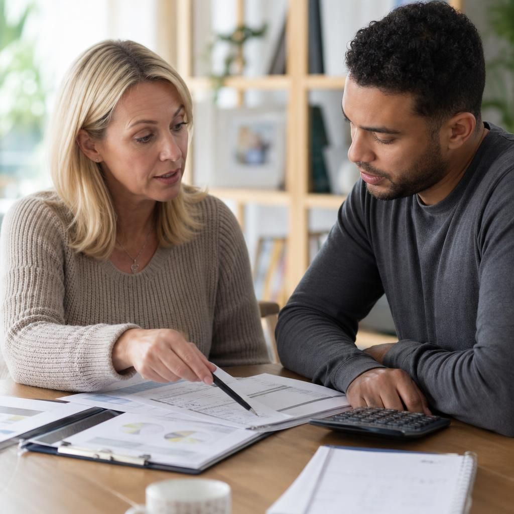 Foster carer and adviser discussing financial paperwork for a child’s placement