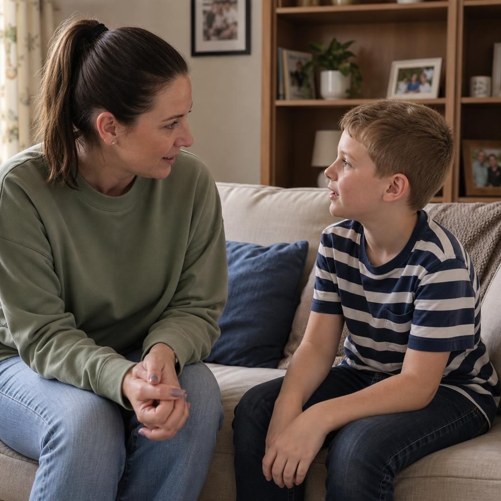 Foster carer talking with a child in a family home