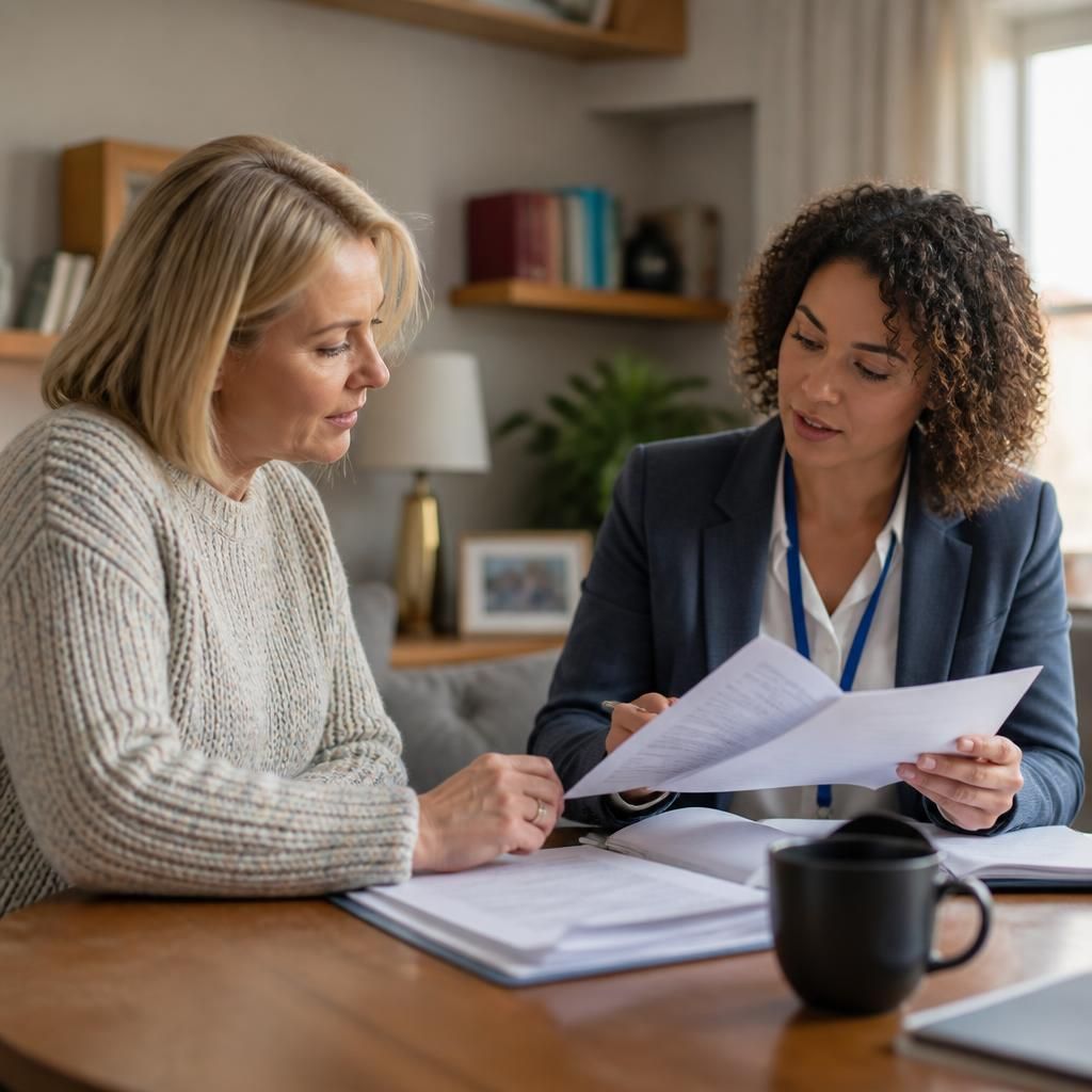 Foster carer reviewing approval documents with a social worker