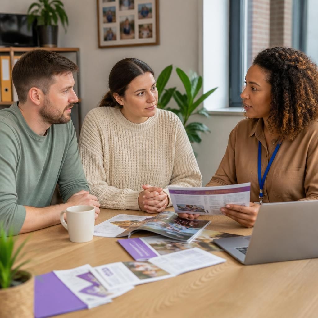 Prospective foster carers discussing training materials with a fostering professional
