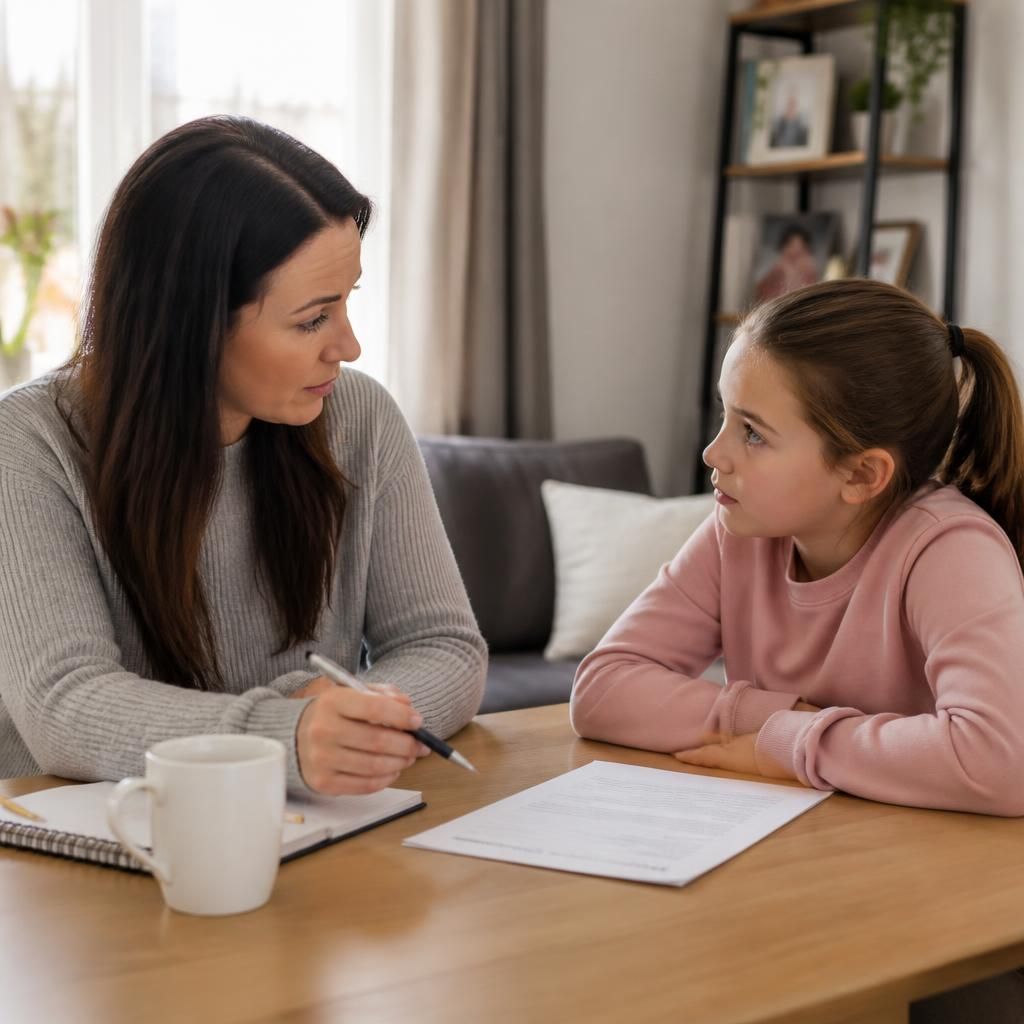 Foster carer and child discussing arrangements at home