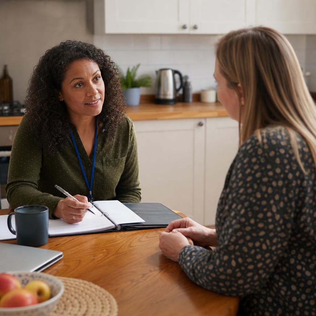 Foster carer speaking with a supervising social worker during a handover meeting