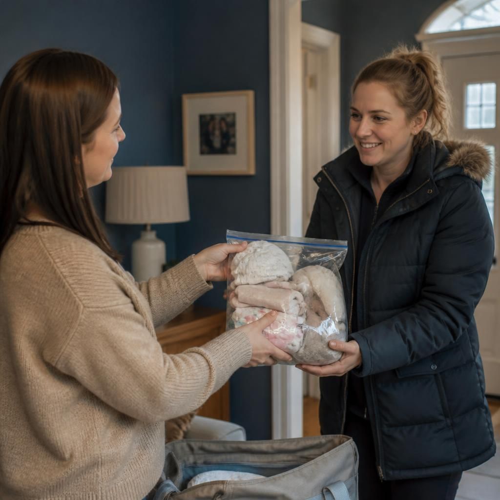 Foster carer handing an infant’s belongings to the next caregiver