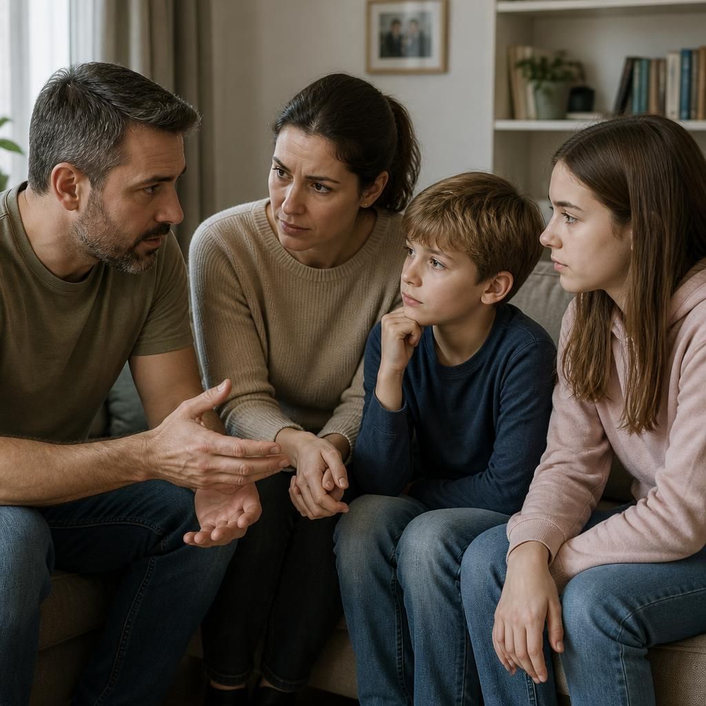 Parents and children sitting together at home during a family discussion