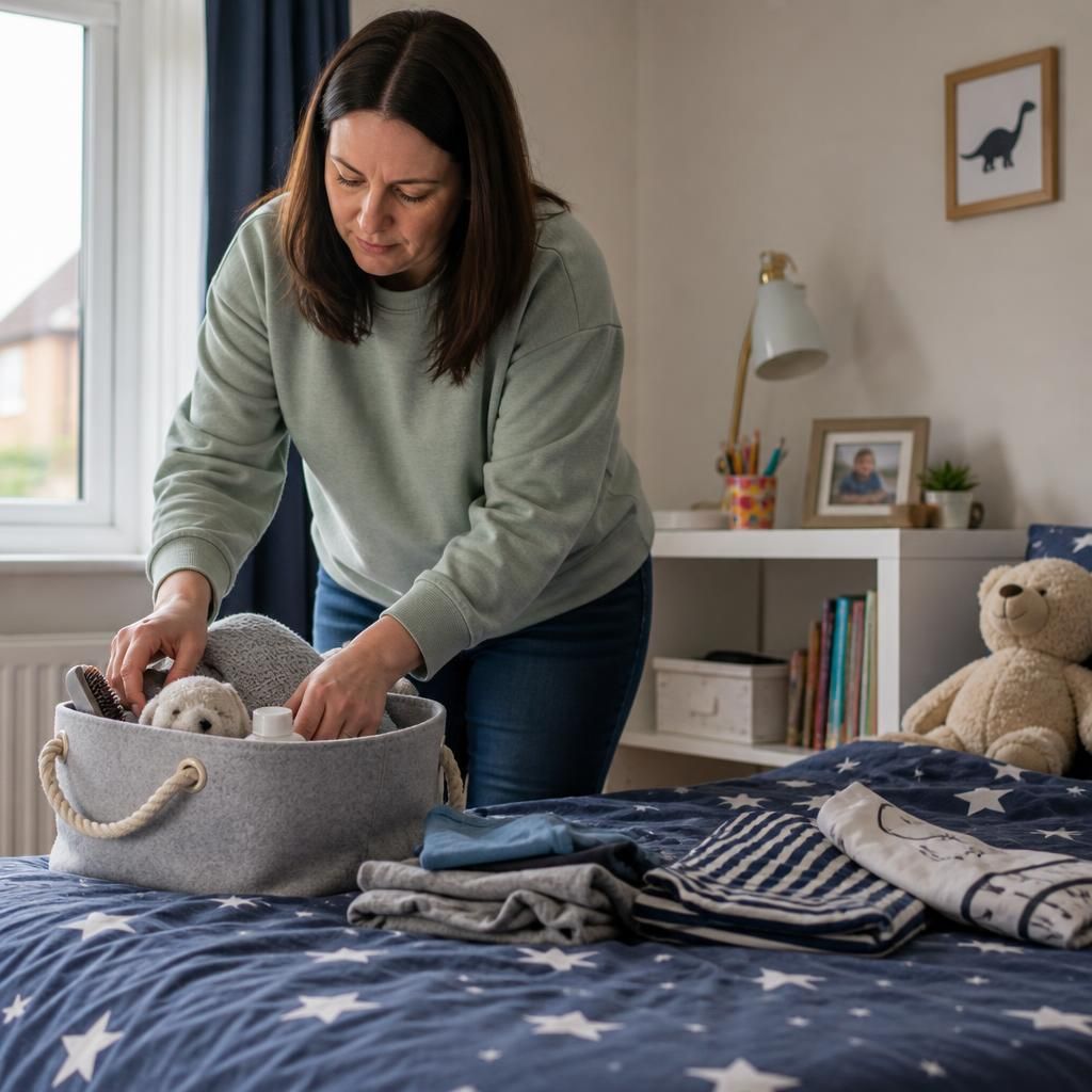 Foster carer preparing a child's bedroom with bedding, clothes and personal essentials