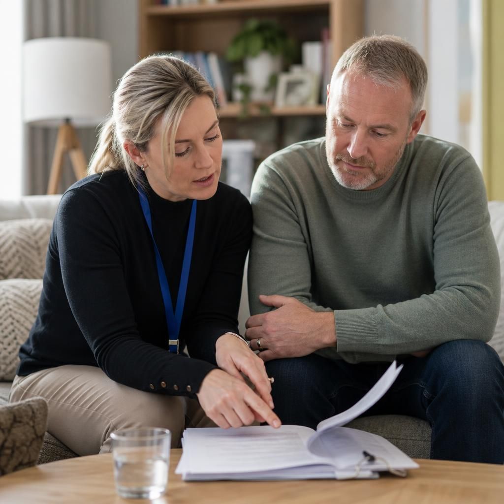 Social worker reviewing fostering assessment documents with an applicant at home