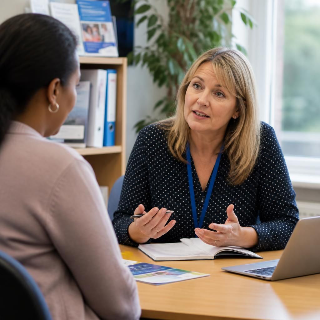 Prospective foster carer speaking with a training adviser at a desk
