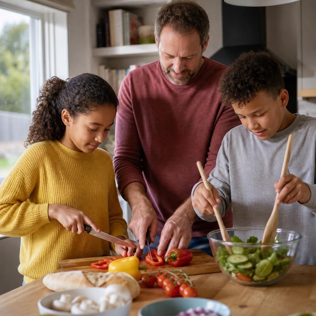 Foster carer and children preparing a family meal together at home