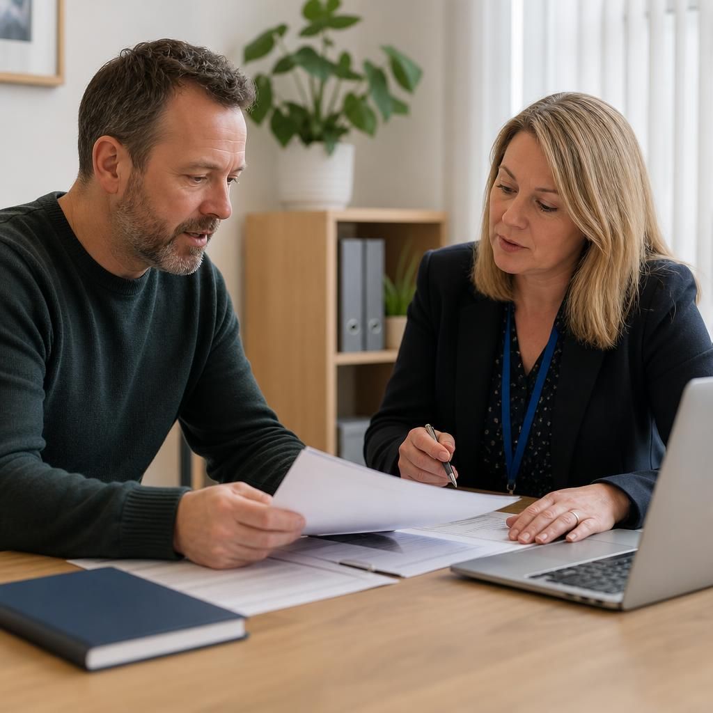 Foster carer reviewing registration documents with a fostering adviser