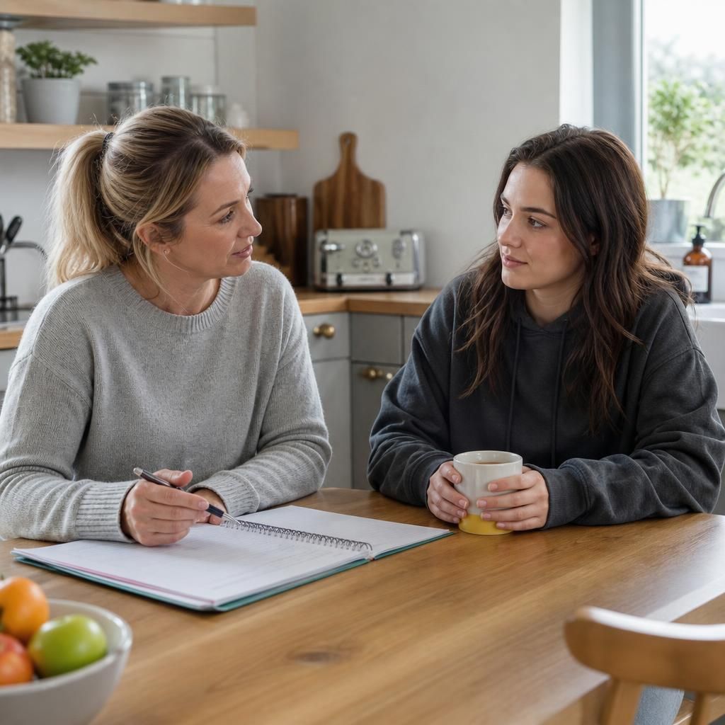 Foster carer and young adult discussing plans at a kitchen table