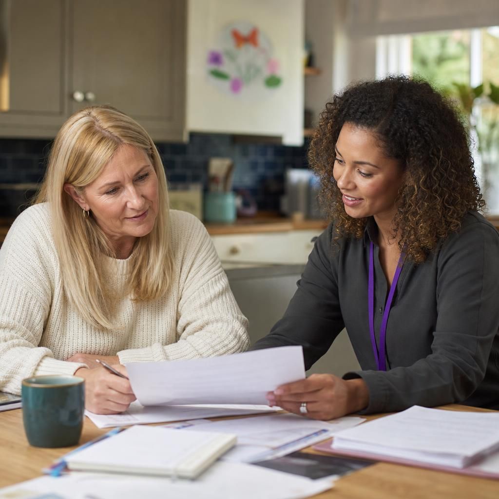 Foster carer and social worker reviewing a placement plan together