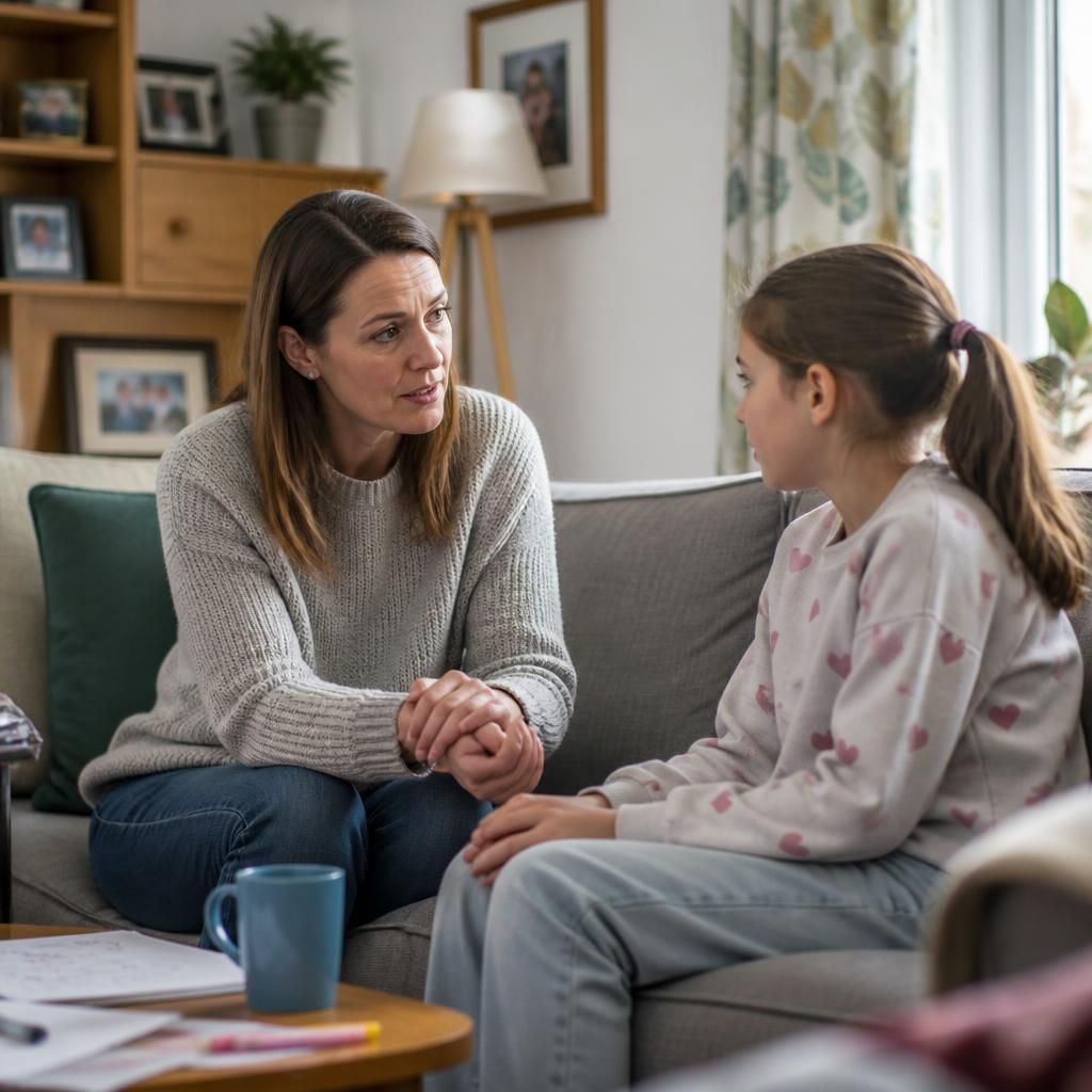 Foster carer talking with a child at home during an everyday activity