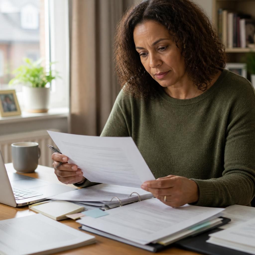 Foster carer reviewing complaint records and correspondence from fostering agencies