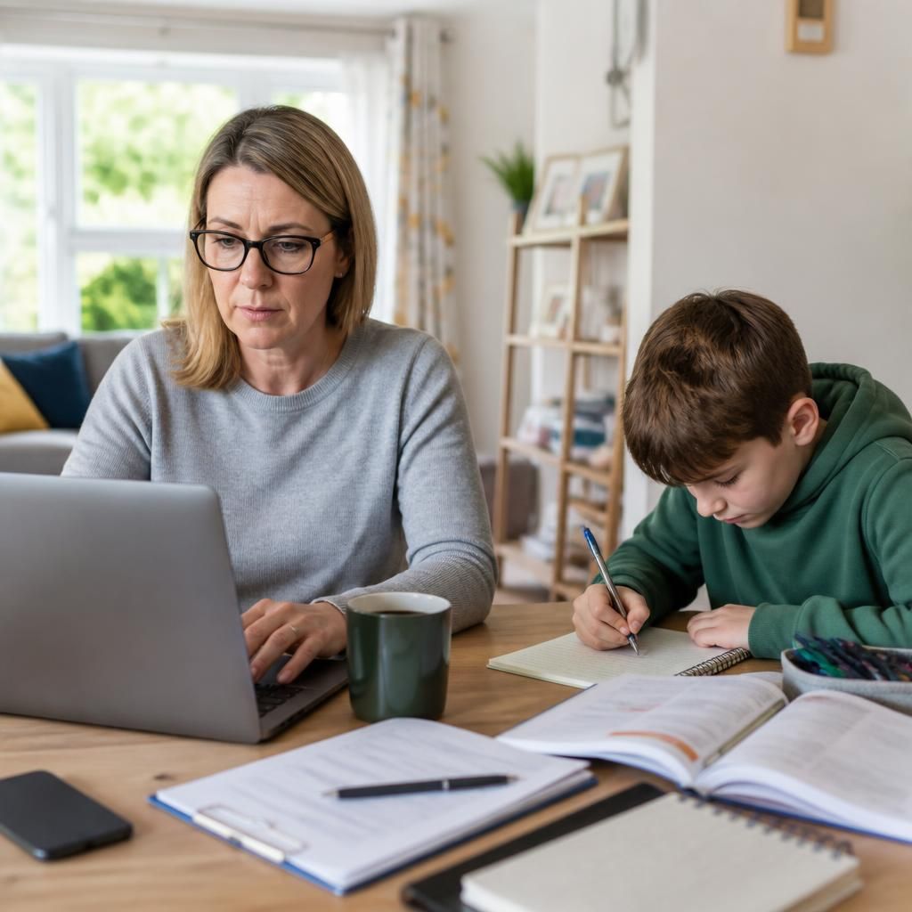 Kinship foster carer working at a desk while a child completes homework nearby