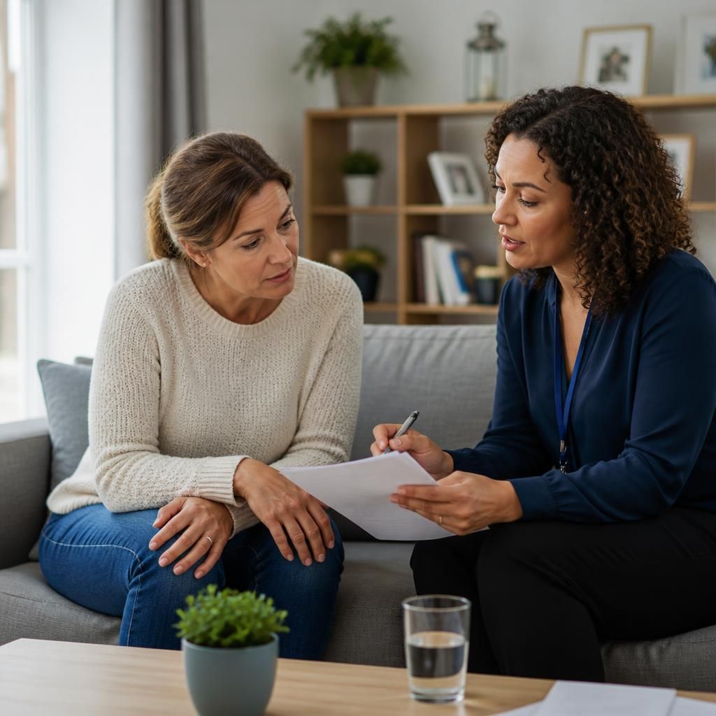 Foster carer applicant discussing assessment paperwork with a social worker