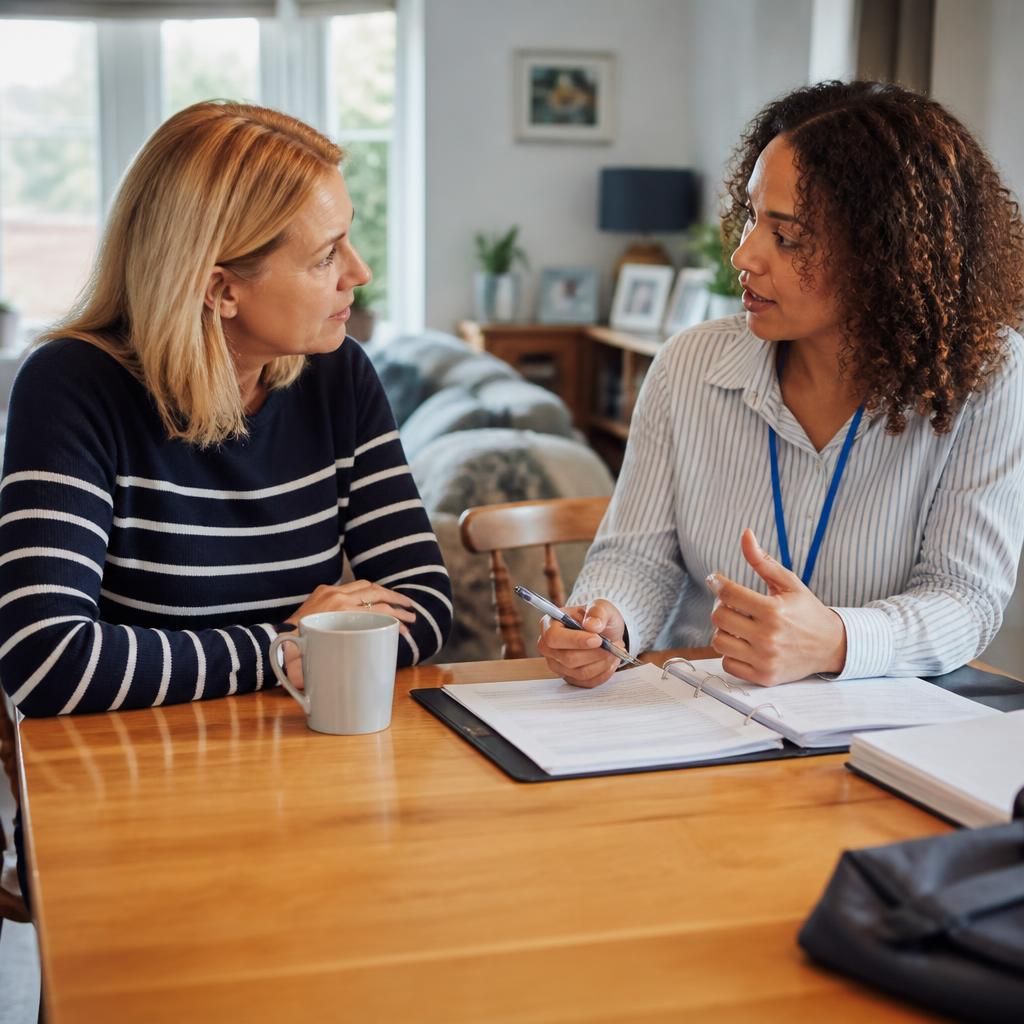Foster carer and social worker discussing a child’s placement plan