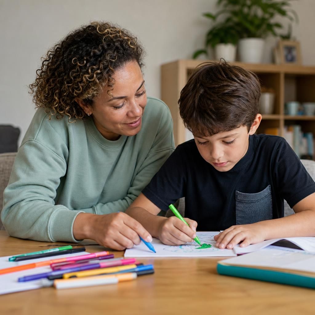 Parent helping a child with a creative activity