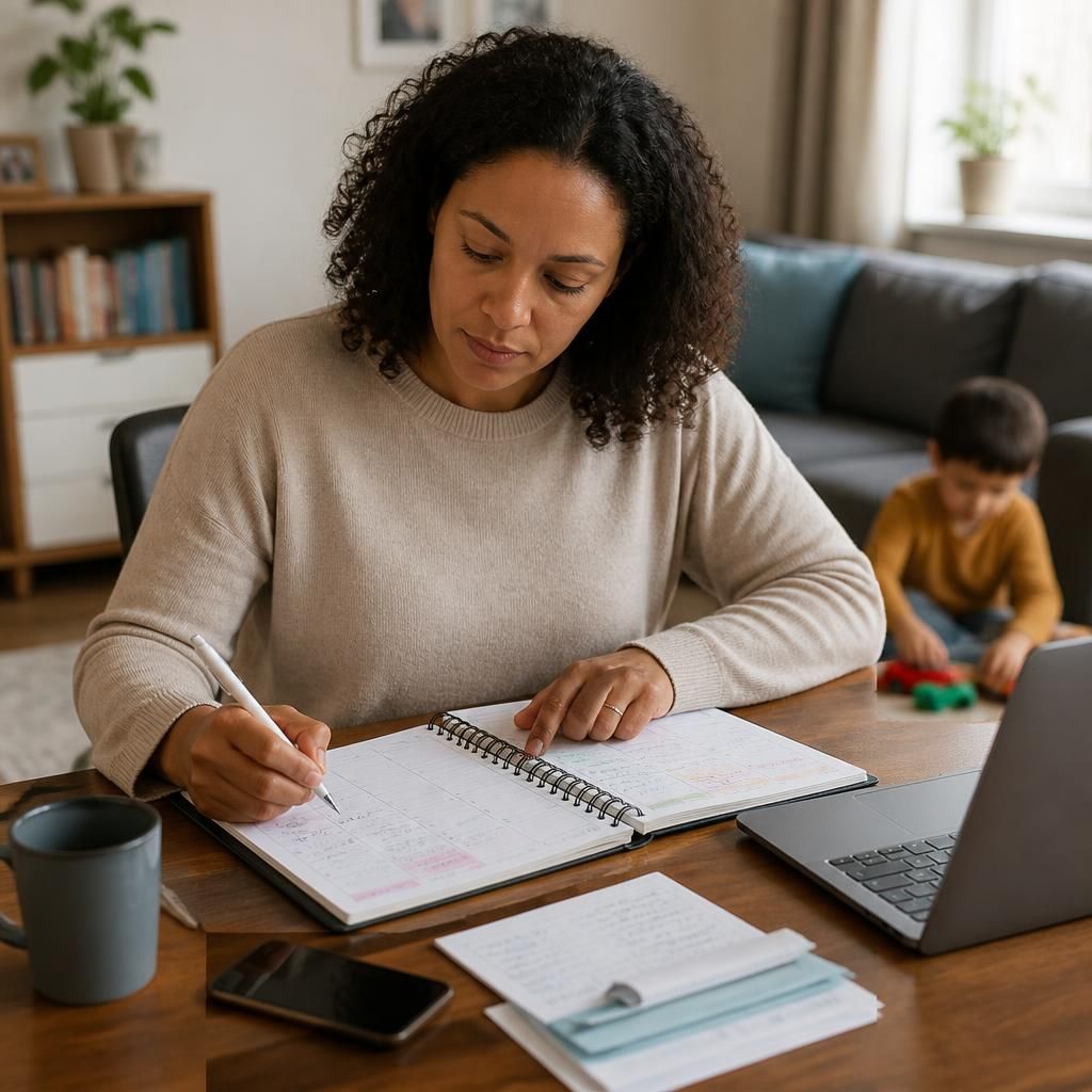 Foster carer reviewing a work diary and childcare arrangements at home