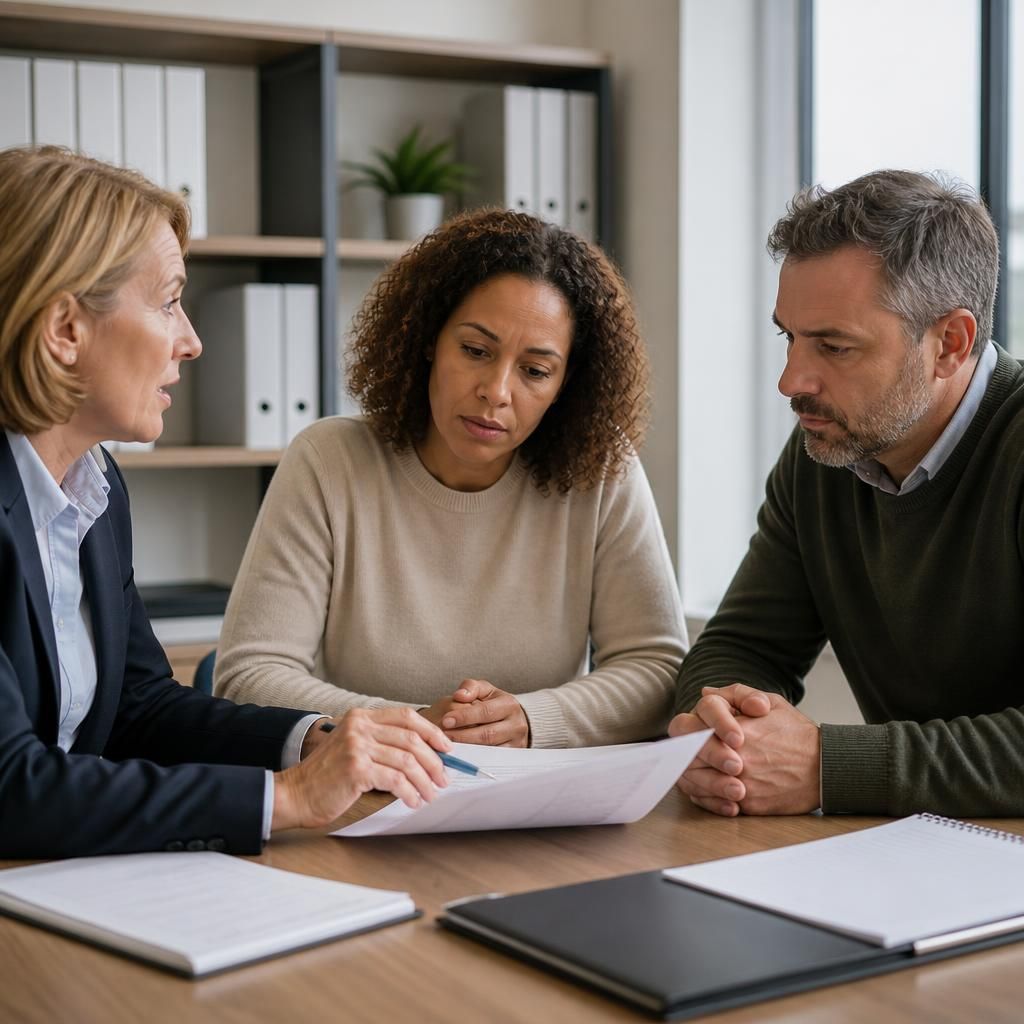 Foster carer reviewing legal documents with a solicitor and fostering agency representative