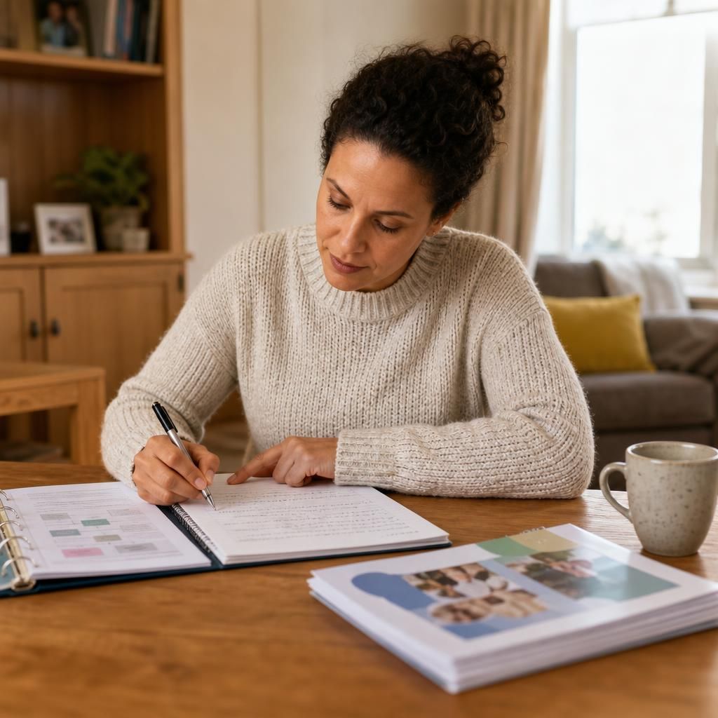 Foster carer completing a training activity with notes and guidance materials