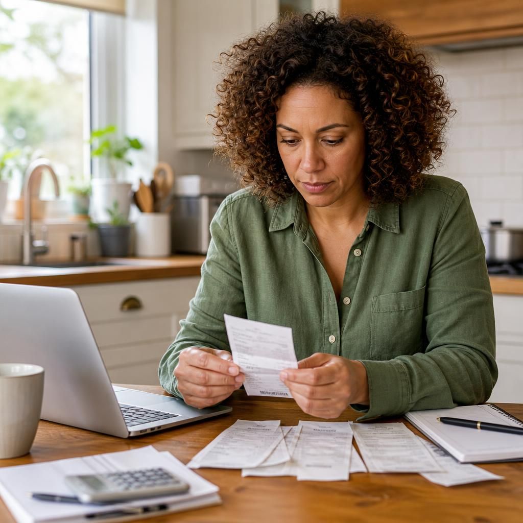 Foster carer reviewing household expenses and receipts at a kitchen table