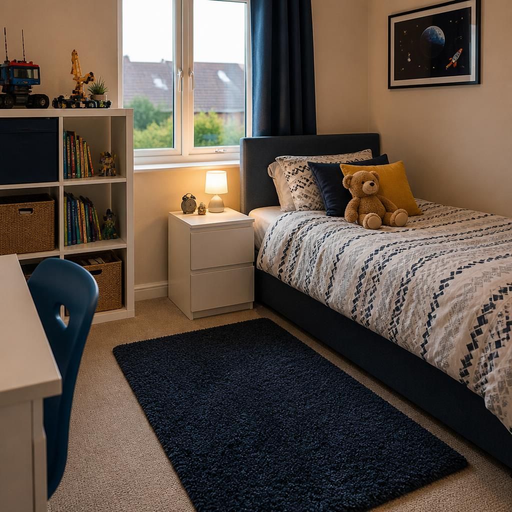 A furnished child’s bedroom with a single bed, storage and personal belongings