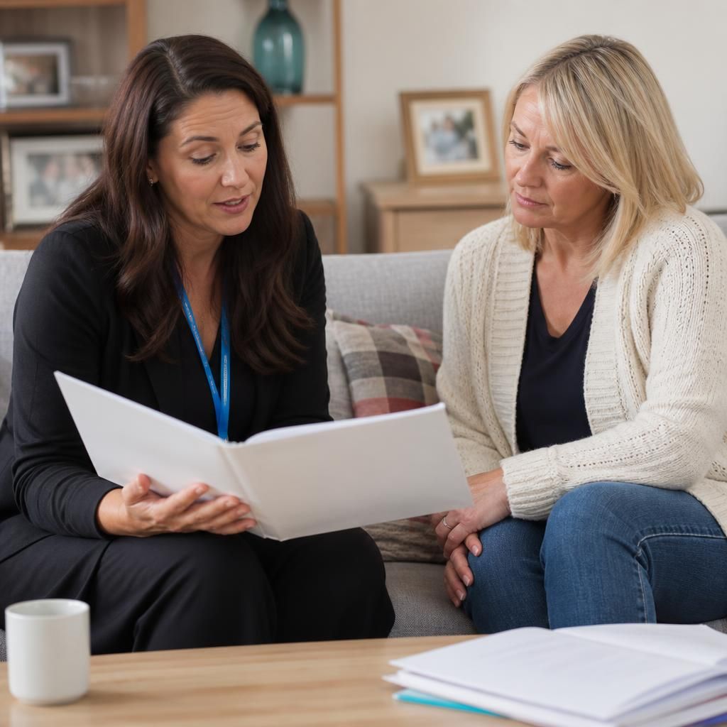 Social worker reviewing fostering assessment documents with an applicant at home
