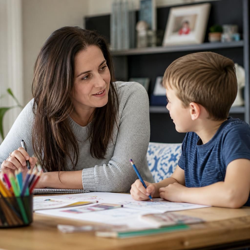 Foster carer discussing an activity with a child at a table