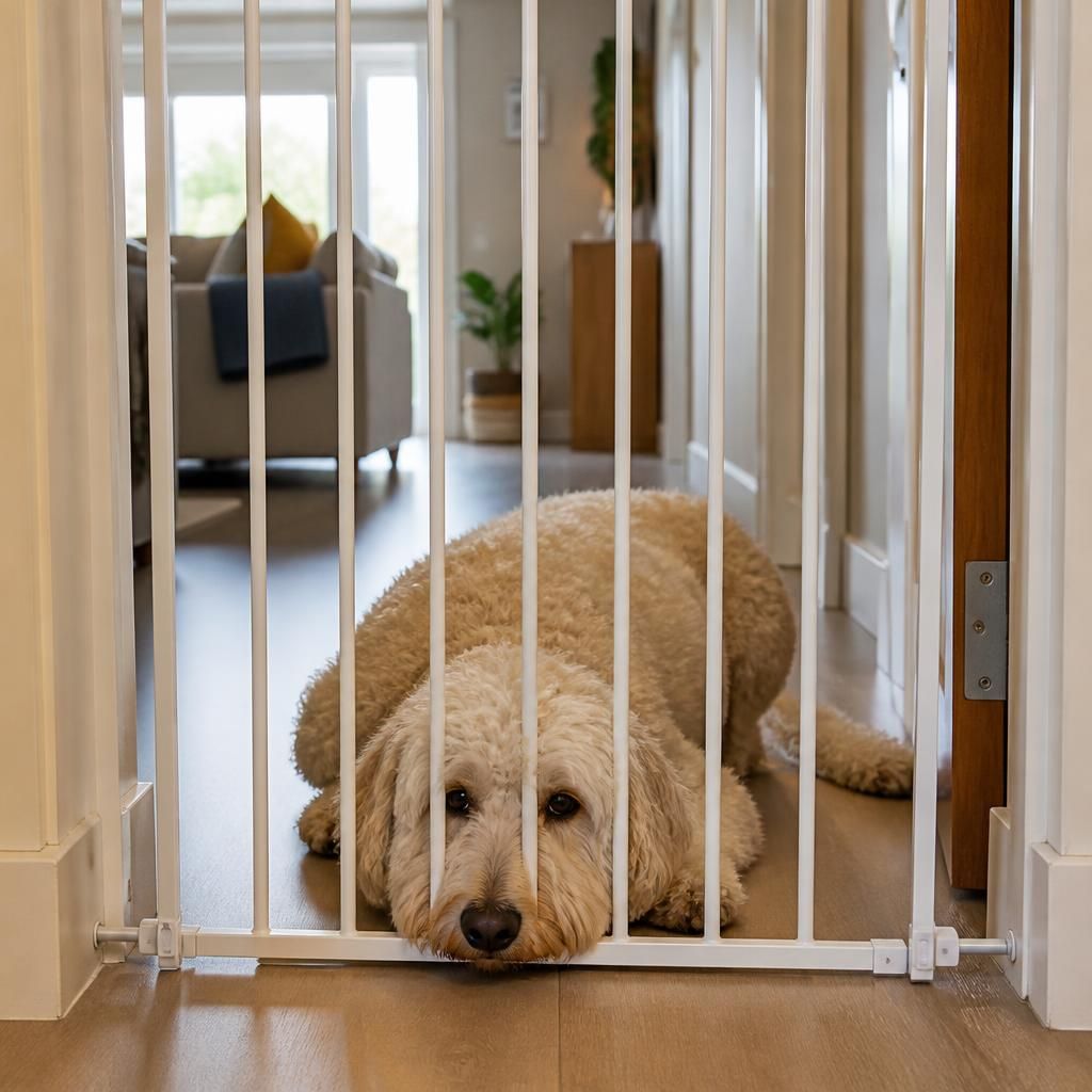 Dog resting behind a safety gate in a family home