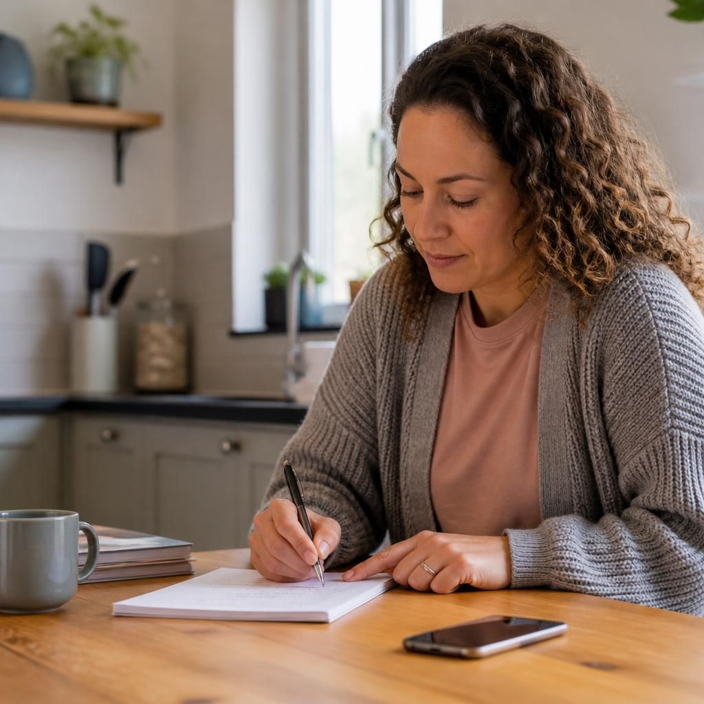 Person writing a list of questions before contacting a fostering advice line