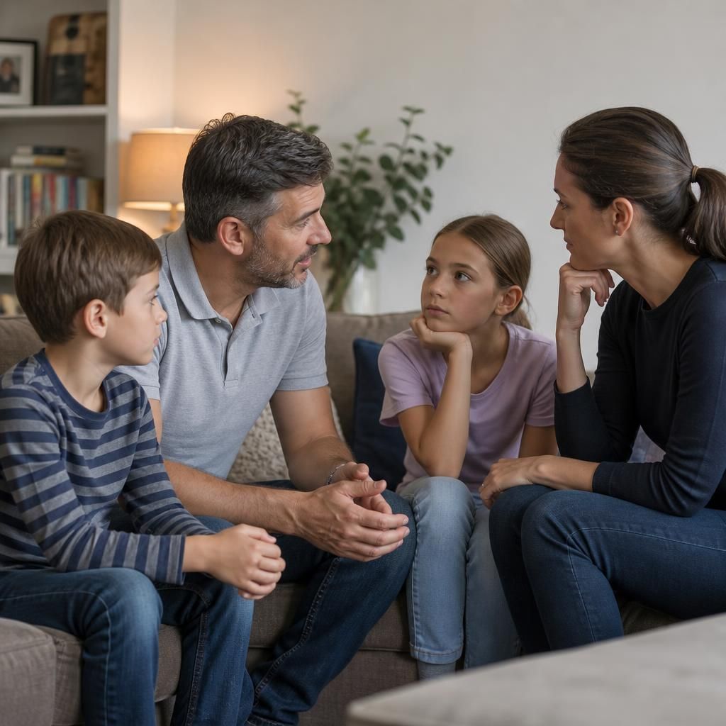 Children sitting with a parent during a family discussion