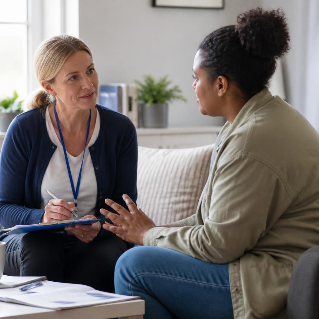 Foster carer speaking with a social worker about a child’s care needs