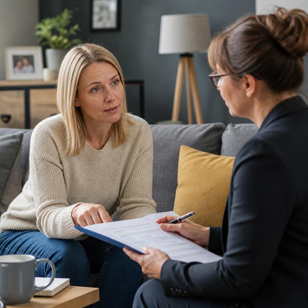 Foster carer discussing transfer documents with a social worker