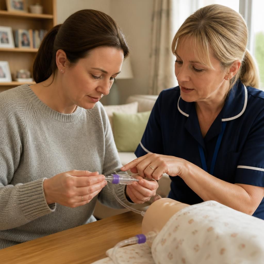 Foster carer practising a child’s care procedure with guidance from a healthcare professional