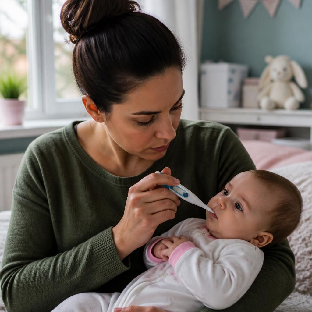 Foster carer checking an infant’s temperature with a digital thermometer