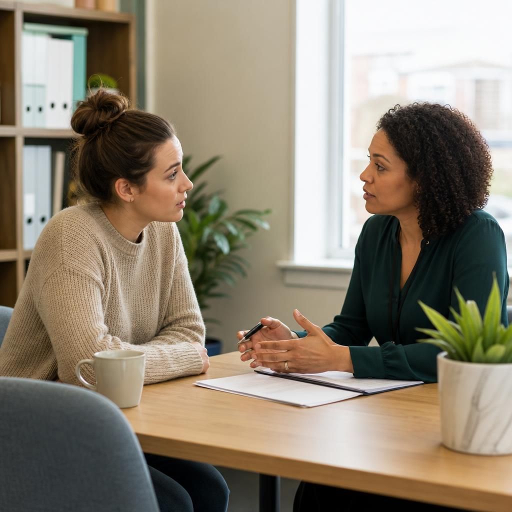 Foster carer discussing a child’s needs with a social worker at a table