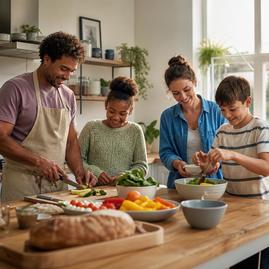 Family members preparing a meal together at home