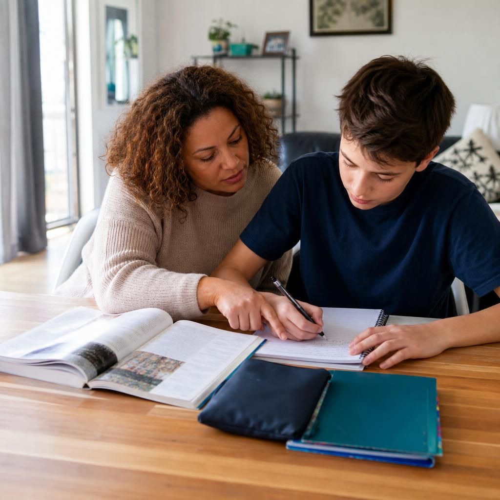 Foster carer supporting a young person with schoolwork at home