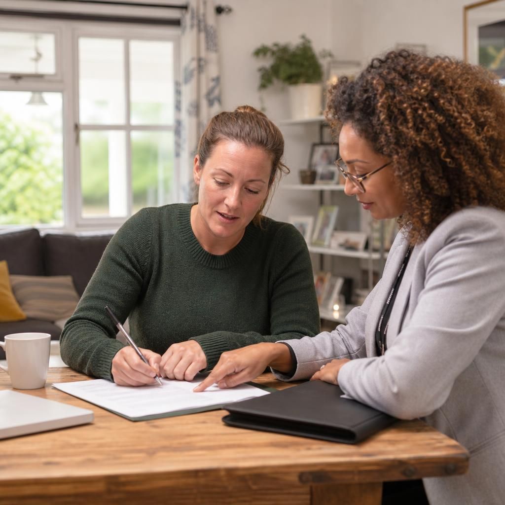 Prospective foster carer completing paperwork with an assessing social worker