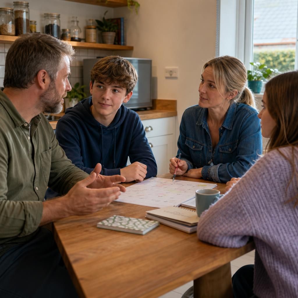 Family members discussing household routines and responsibilities