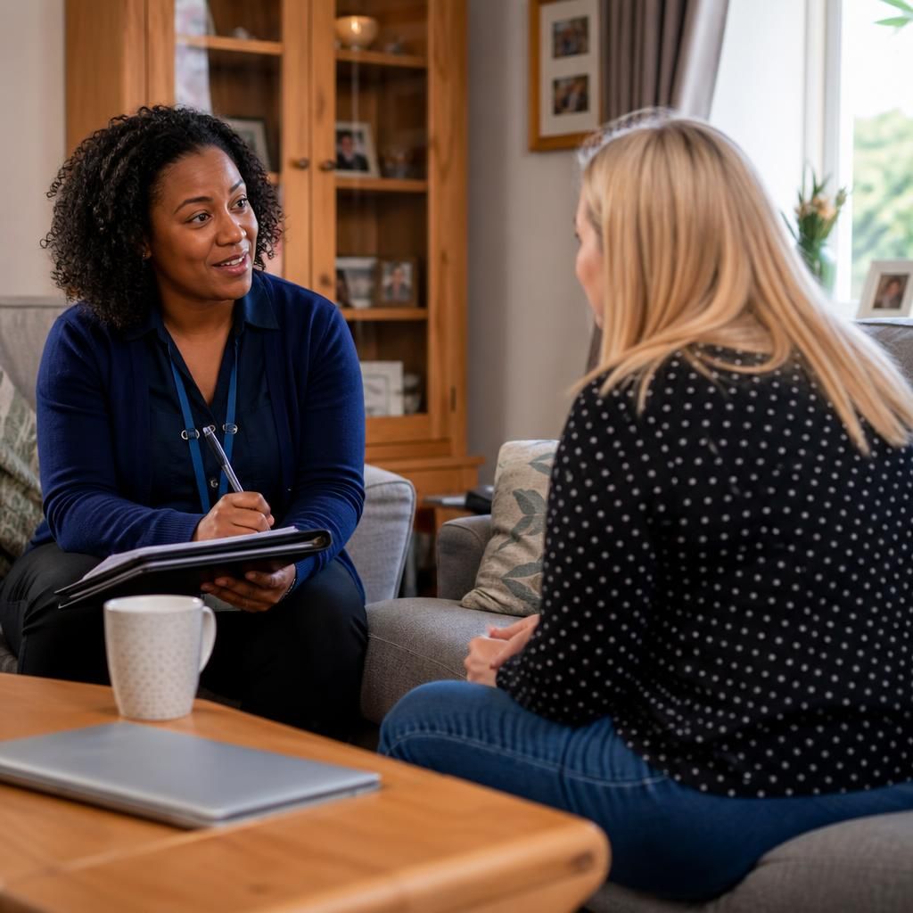 Foster carer speaking with a social worker during a home assessment