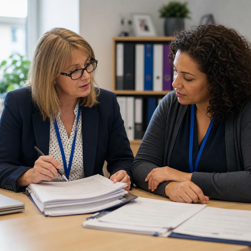 Regulatory inspector reviewing foster care records with a social worker