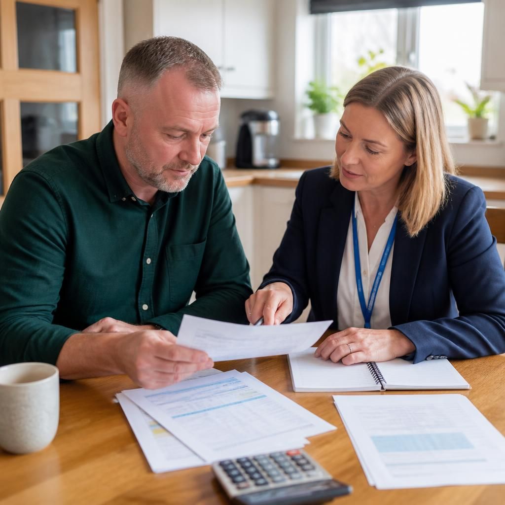 Applicant and social worker reviewing household financial documents at a table