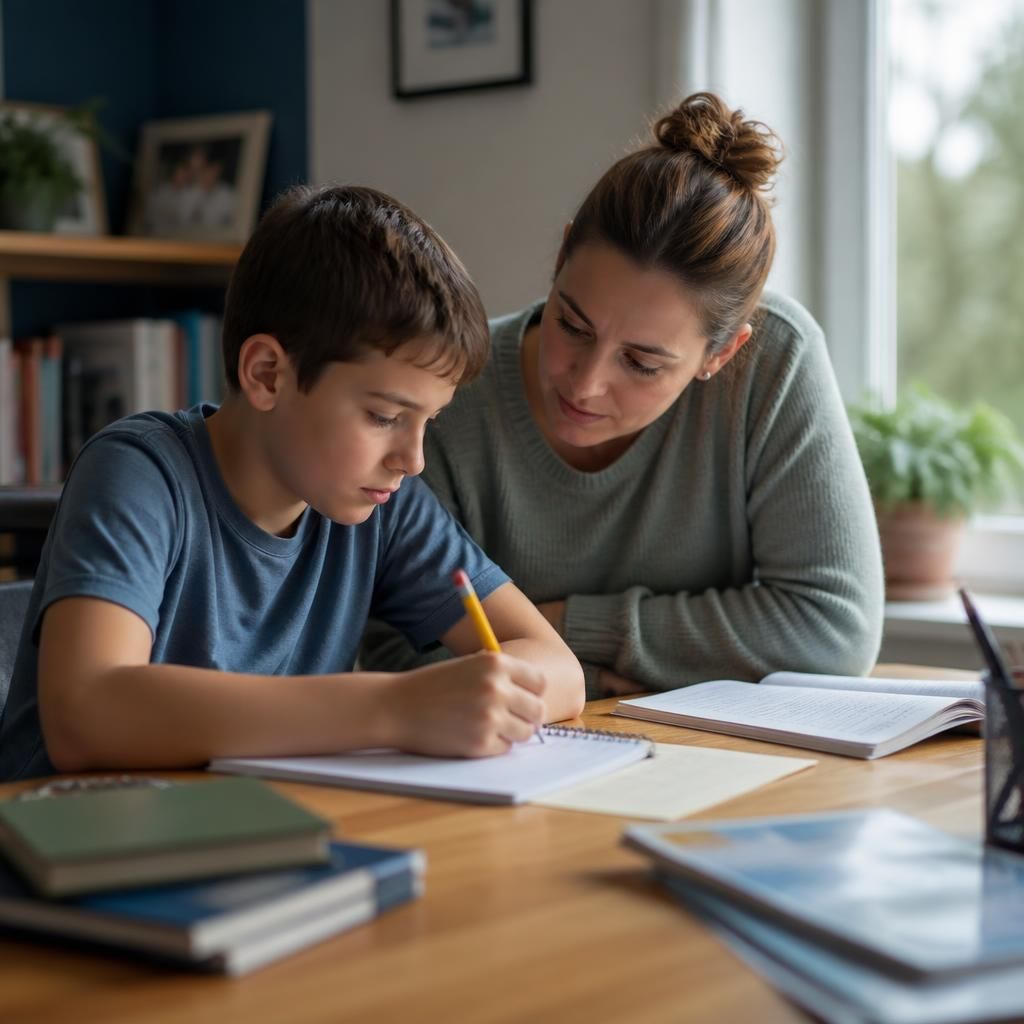 Foster carer helping a child with homework at home