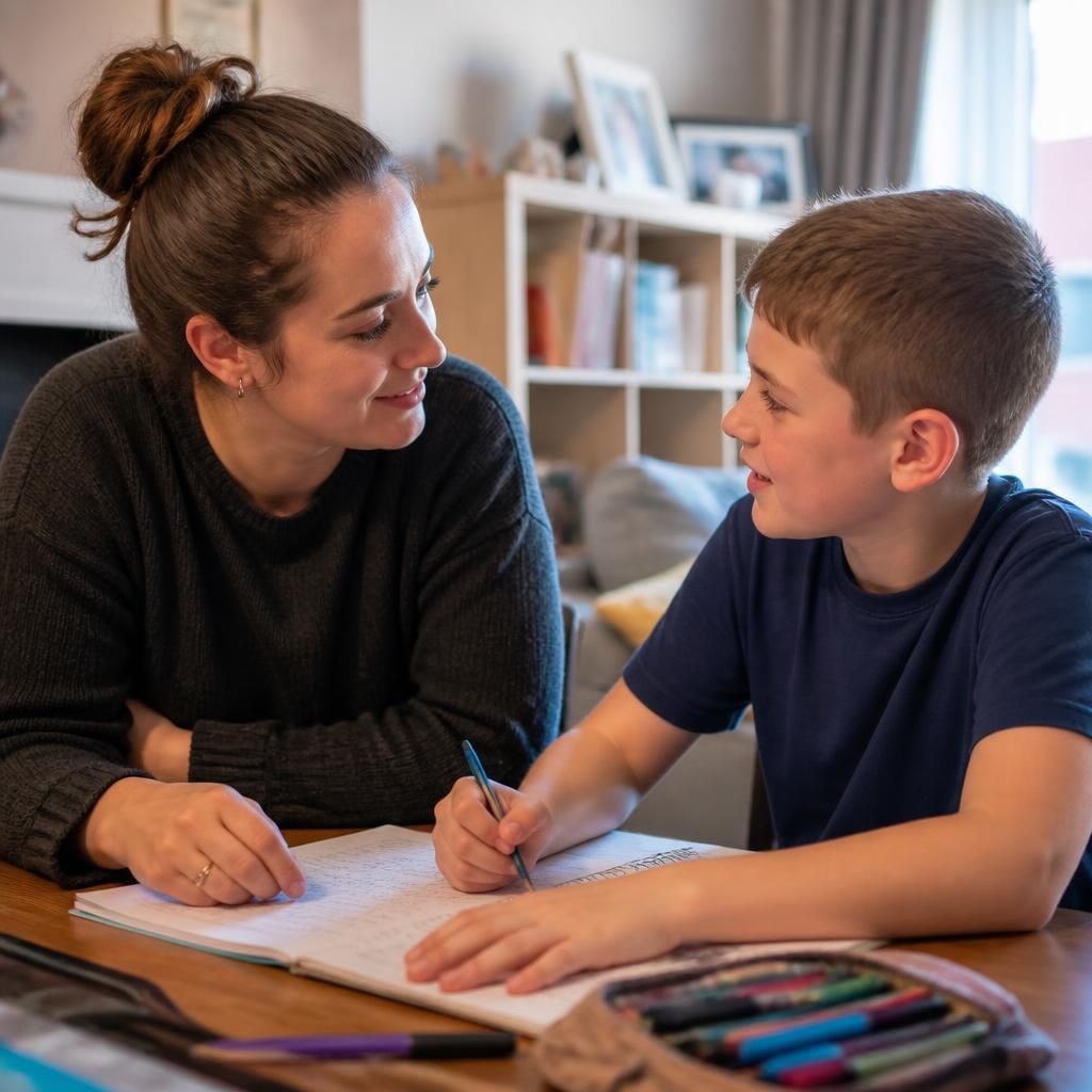 Young foster carer talking with a child during a shared activity at home