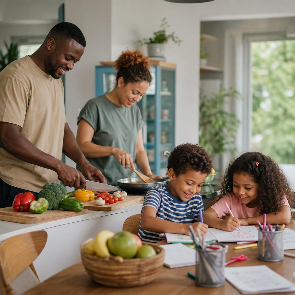 Adults preparing meals while children take part in a family activity