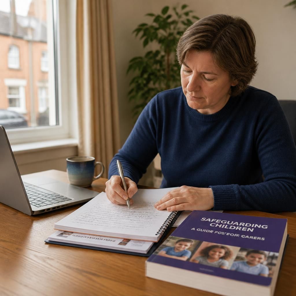 Adult reviewing fostering training notes beside a laptop and safeguarding handbook