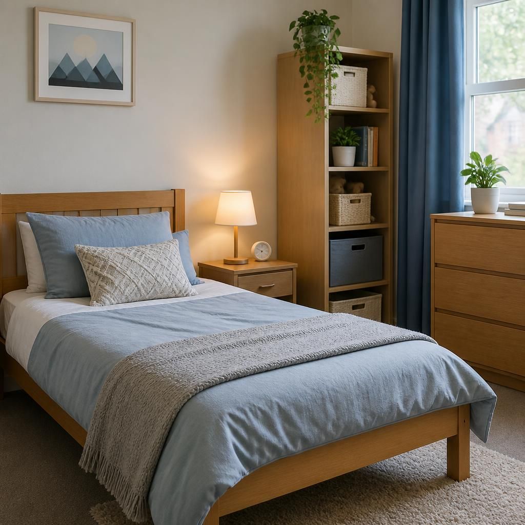 Prepared foster bedroom with a single bed, clean bedding, storage and a bedside lamp